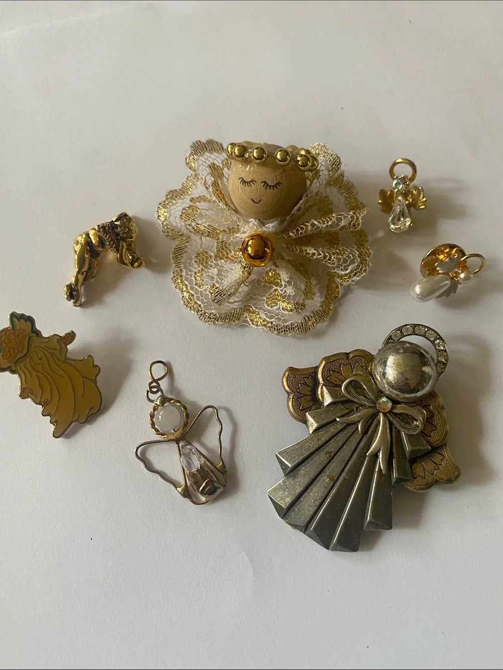 Vintage Gold and Cream Lace Angel Brooch Collection lot